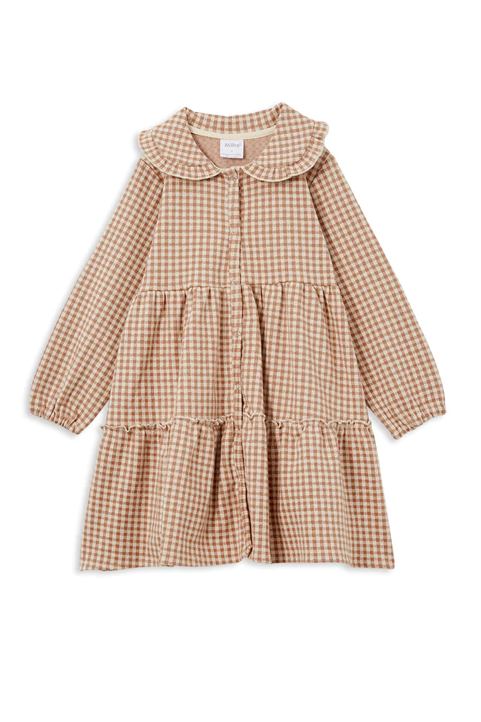 Milky Check Tiered Collared Dress - Off White/Cinnamon