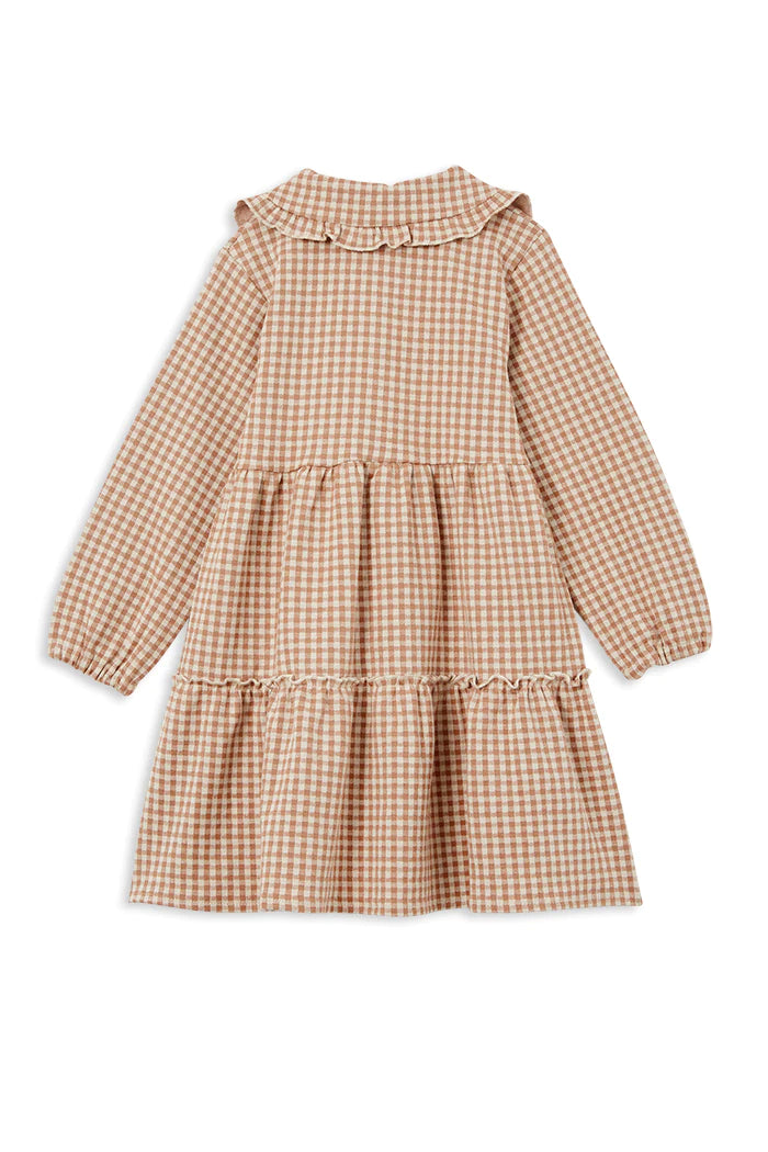 Milky Check Tiered Collared Dress - Off White/Cinnamon
