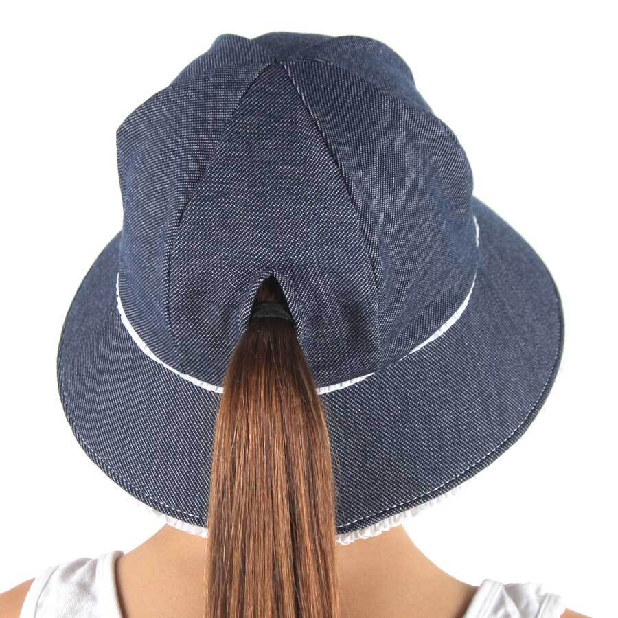 Bedhead Hats Ponytail Ruffle Trim Bucket Hat with Strap - Denim