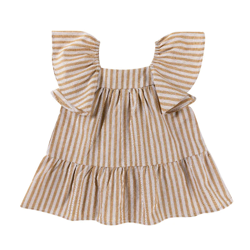 Ponchik Cotton Frill Sleeve Dress - Wheat Stripe