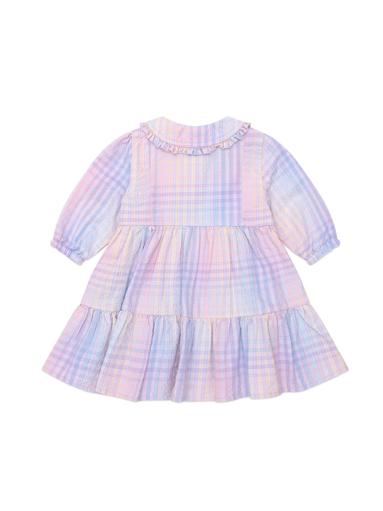 Huxbaby Rainbow Check Long Frill Sleeve Dress - Multi
