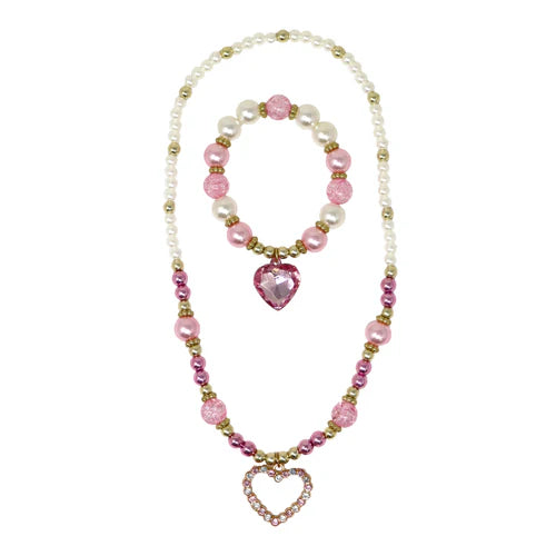 Pink Poppy Dance Pearl Heart Necklace and Bracelet Set