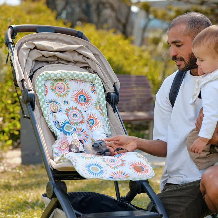 OiOi Reversible Pram Liner - Sunburst/Green Check