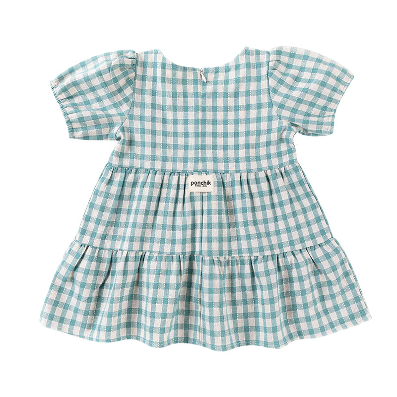 Ponchik Cotton Puff Sleeve Dress - Peacock Gingham