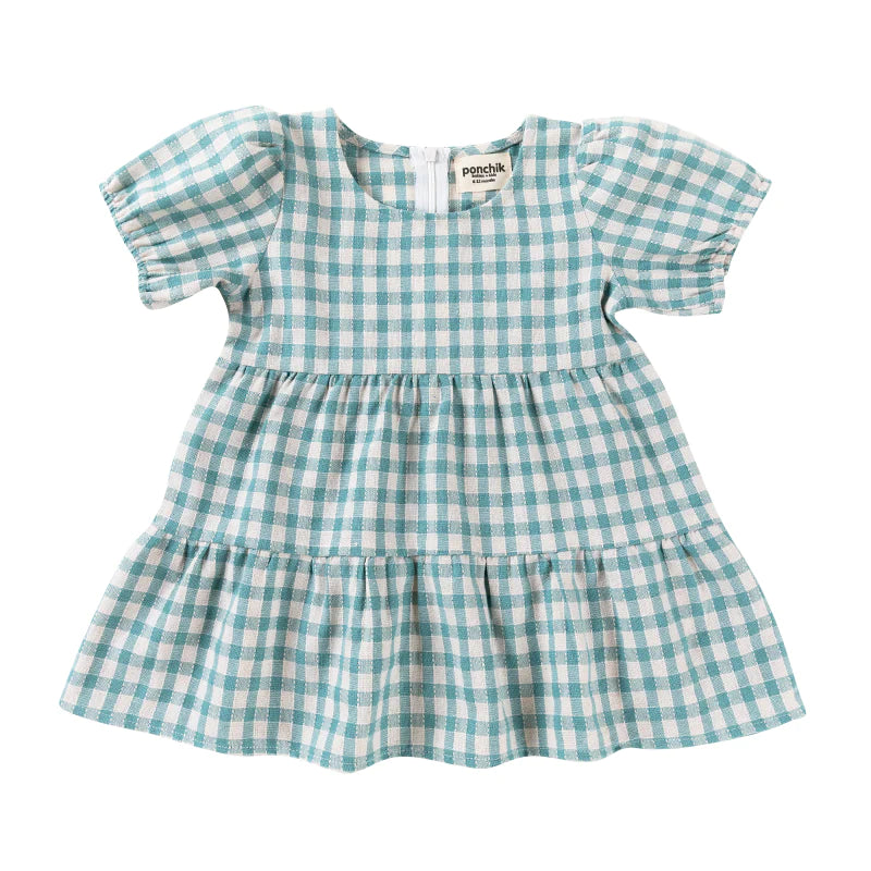 Ponchik Cotton Puff Sleeve Dress - Peacock Gingham