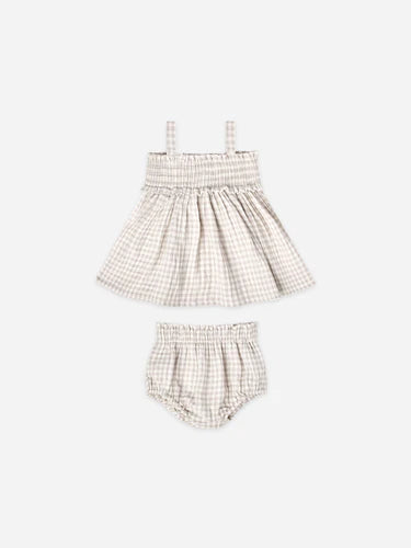 Quincy Mae Smocked Top + Bloomer Set - Silver Gingham