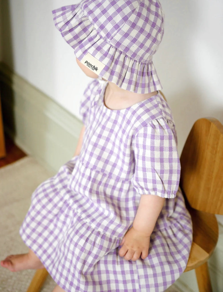 Ponchik Cotton Puff Sleeve Dress - Lilac Gingham