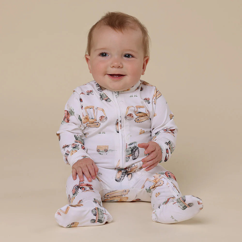 Snuggle Hunny Organic Snuggle Sleepsuit Zip Footie - Diggers & Tractors