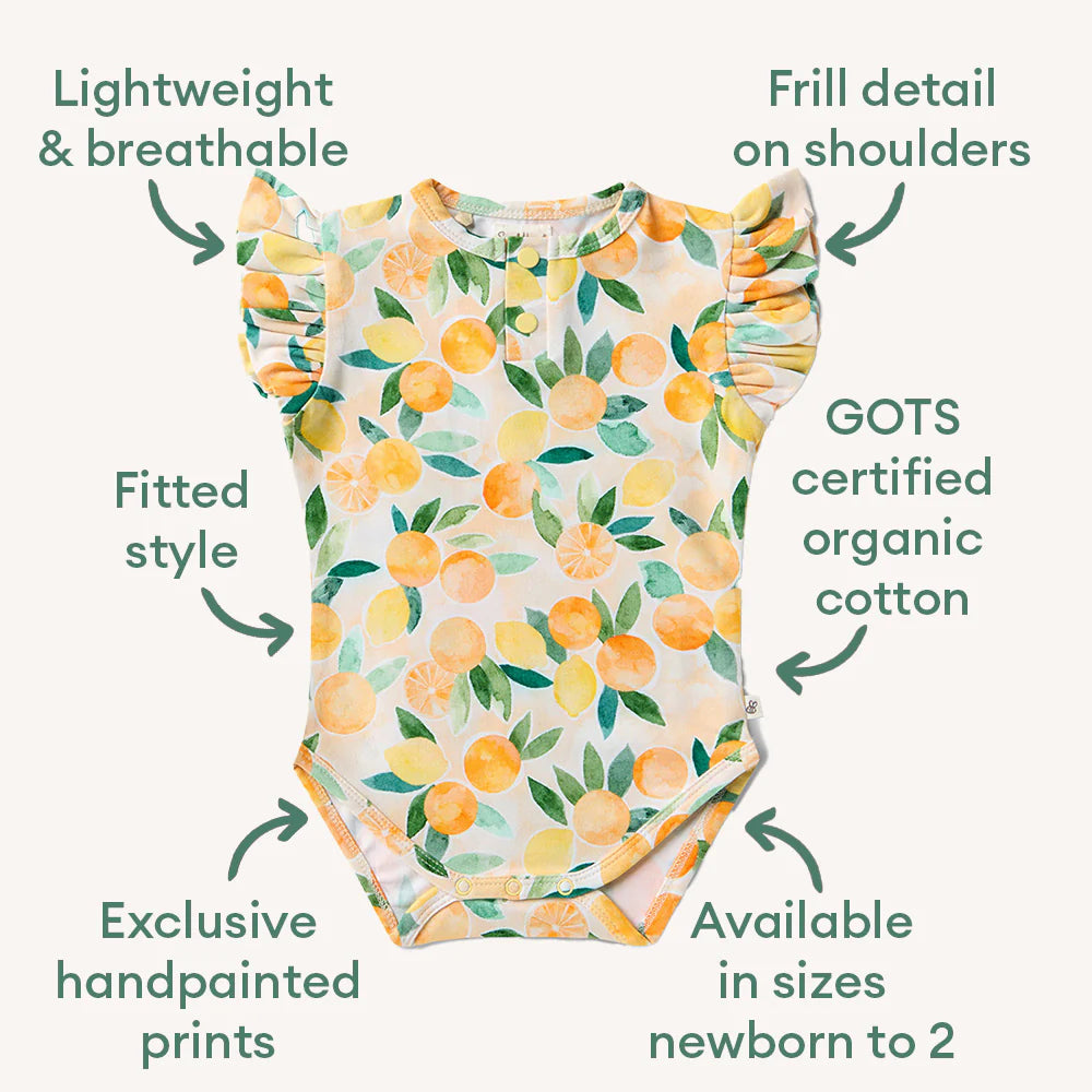 Snuggle Hunny Short Sleeve Organic Bodysuit with Frill - Sunny Citrus