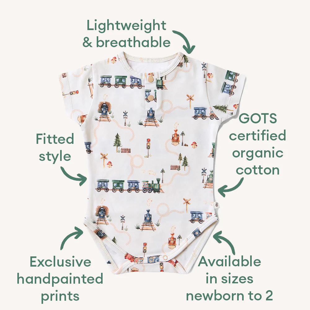 Snuggle Hunny Short Sleeve Organic Bodysuit - Trains