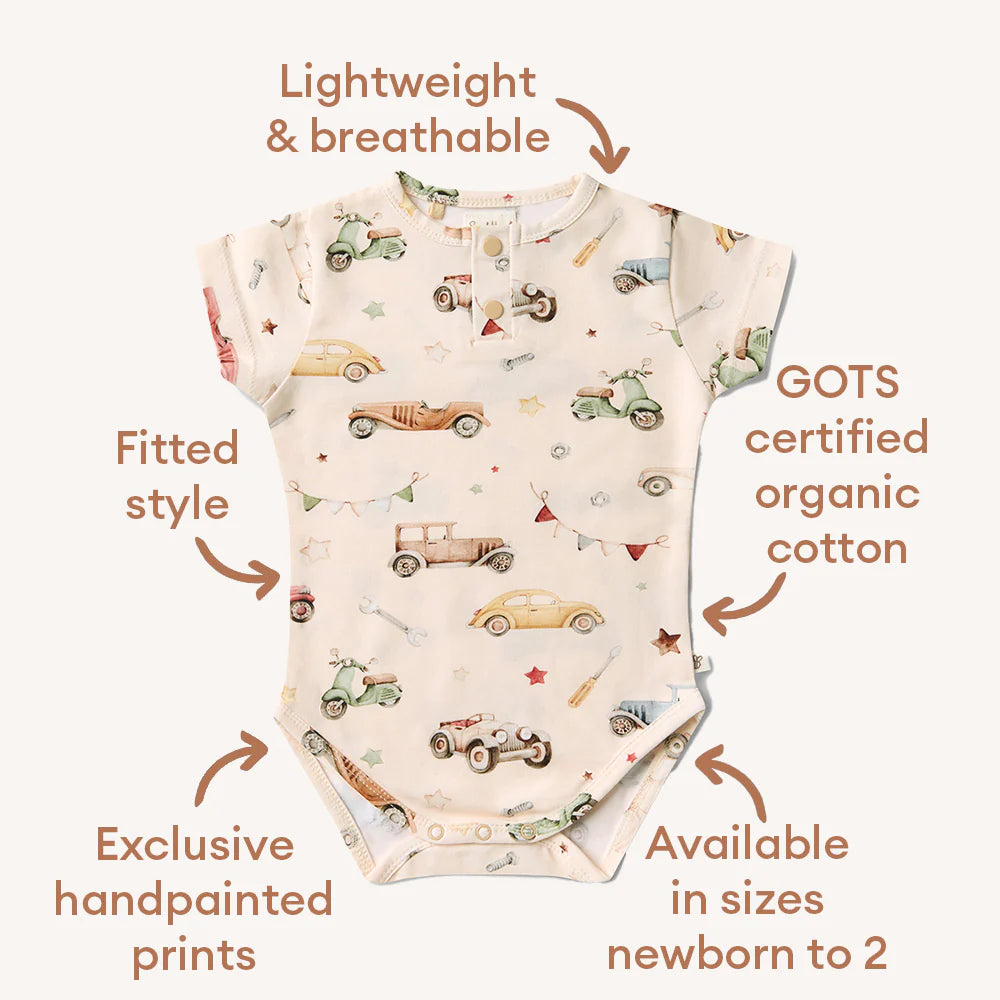 Snuggle Hunny Short Sleeve Organic Bodysuit - Vintage Cars