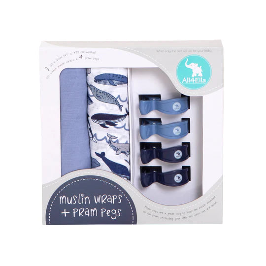 All4Ella 2 Pack Wraps + 4 Pegs - Whale & Blue