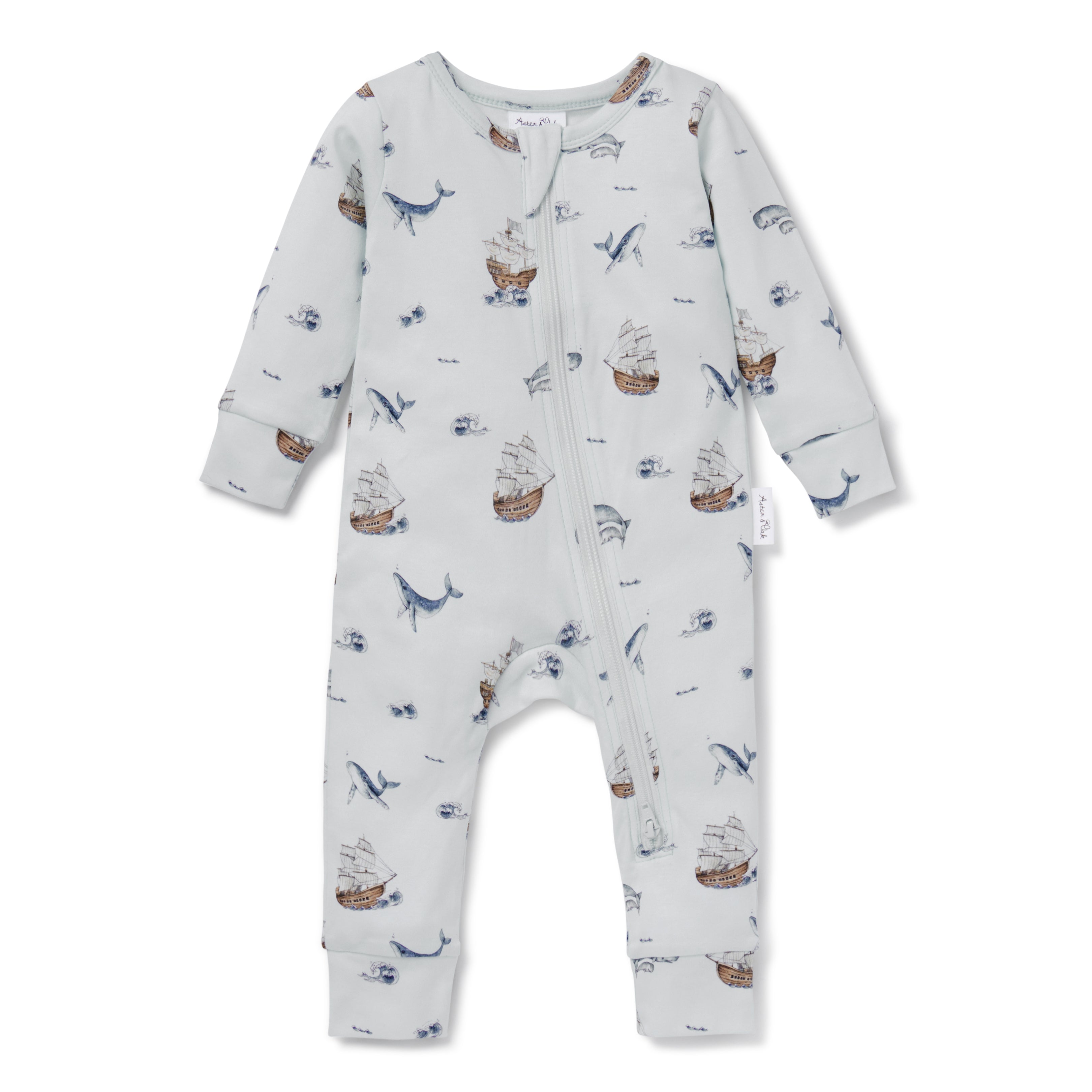 Aster & Oak Whale Zip Romper - Blue Dawn