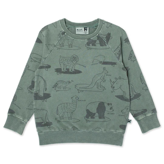 Minti Animal Surfers Crew - Olive Wash