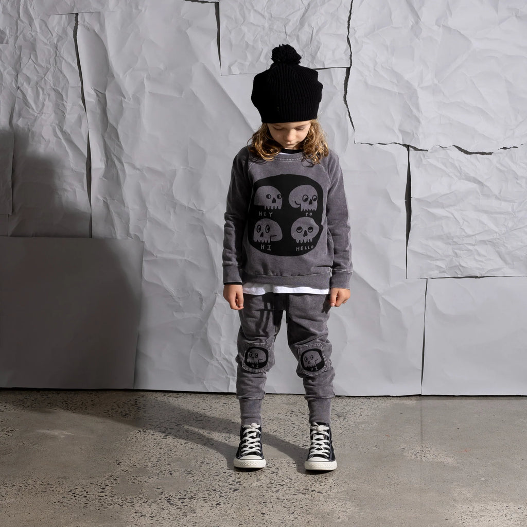 Minti Friendly Skulls Patch Trackies - Grey Wash