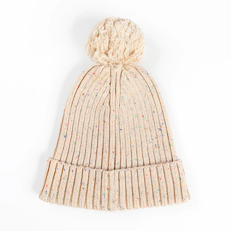 Ponchik Pom Pom Ribbed Beanie - Carmel Speckle Knit
