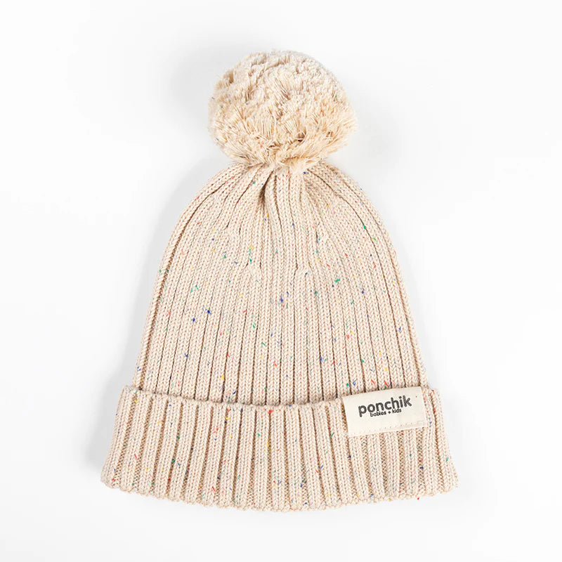 Ponchik Pom Pom Ribbed Beanie - Carmel Speckle Knit
