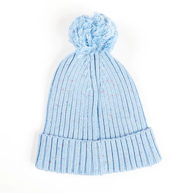 Ponchik Pom Pom Ribbed Beanie - Mist Speckle Knit
