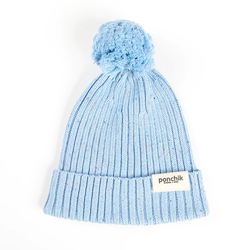 Ponchik Pom Pom Ribbed Beanie - Mist Speckle Knit