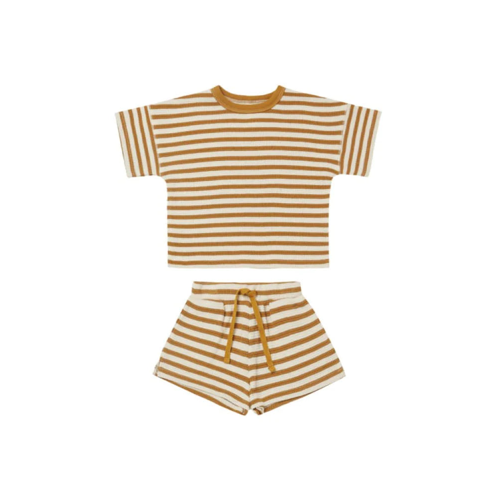 Quincy Mae Waffle Tee + Short Set - Ocre Stripe