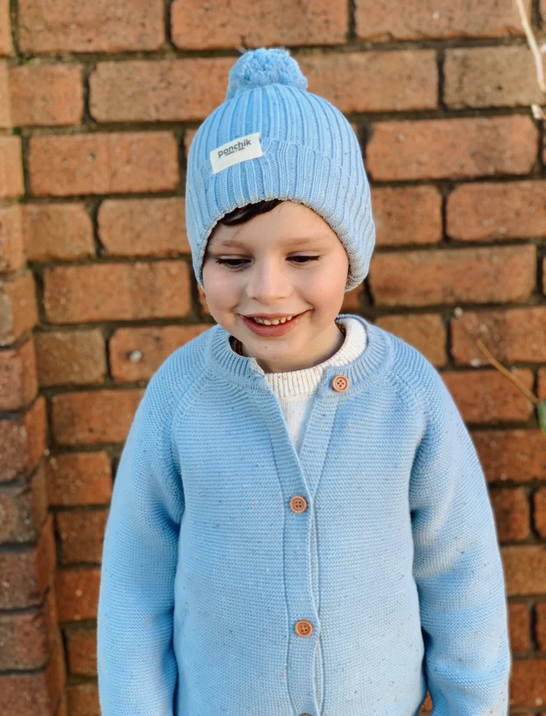 Ponchik Pom Pom Ribbed Beanie - Mist Speckle Knit